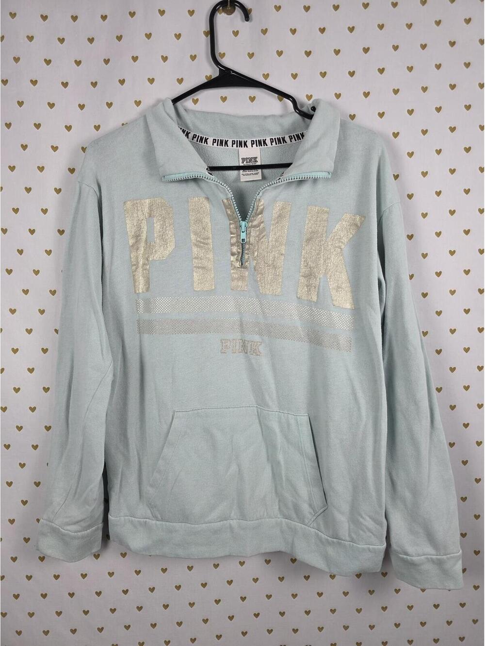 Victorias Secret Pink Mint Foil Logo Quarter ZIp Sweater Shirt MEDIUM